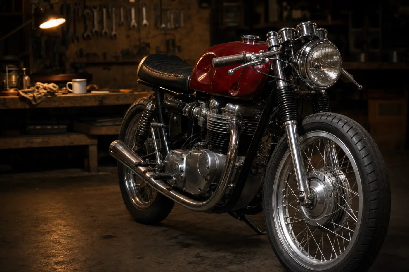 A vintage cafe-racer motorcycle in a dimly lit workshop at dusk, warm tungsten light raking across its chrome headlamp and candy-red tank.